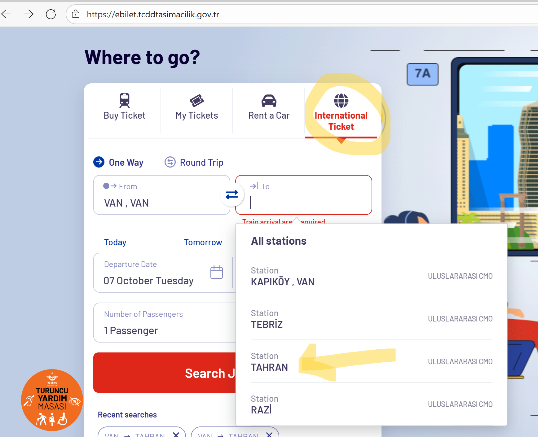 capture d'éacran du site internet des trains turcs pour acheter le billet