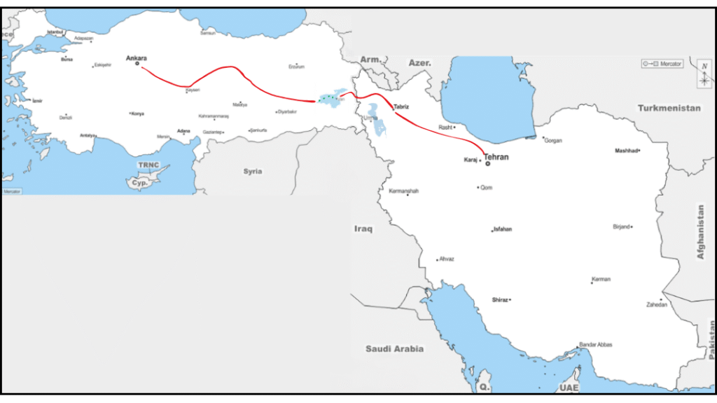 carte de la turquie et de l'iran avec le trajet du train représenter en rouge